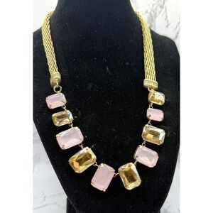 Gold Tone Pink & Citrine Glass Statement Necklace Adjustable 16-19"